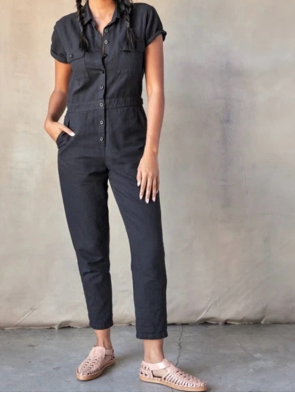 NWT Outerknown S.E.A. Suit Cotton Linen Utility Jumpsuit Sz Small/ Black